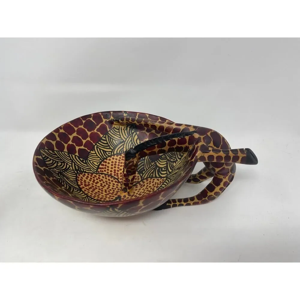 African Hand Carved Olive Wood Giraffe Drinking From Bowl Trinket Dish Vintage
